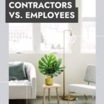 Two chairs with windows behind them with a lamp and a plant with the words contractors vs employees.